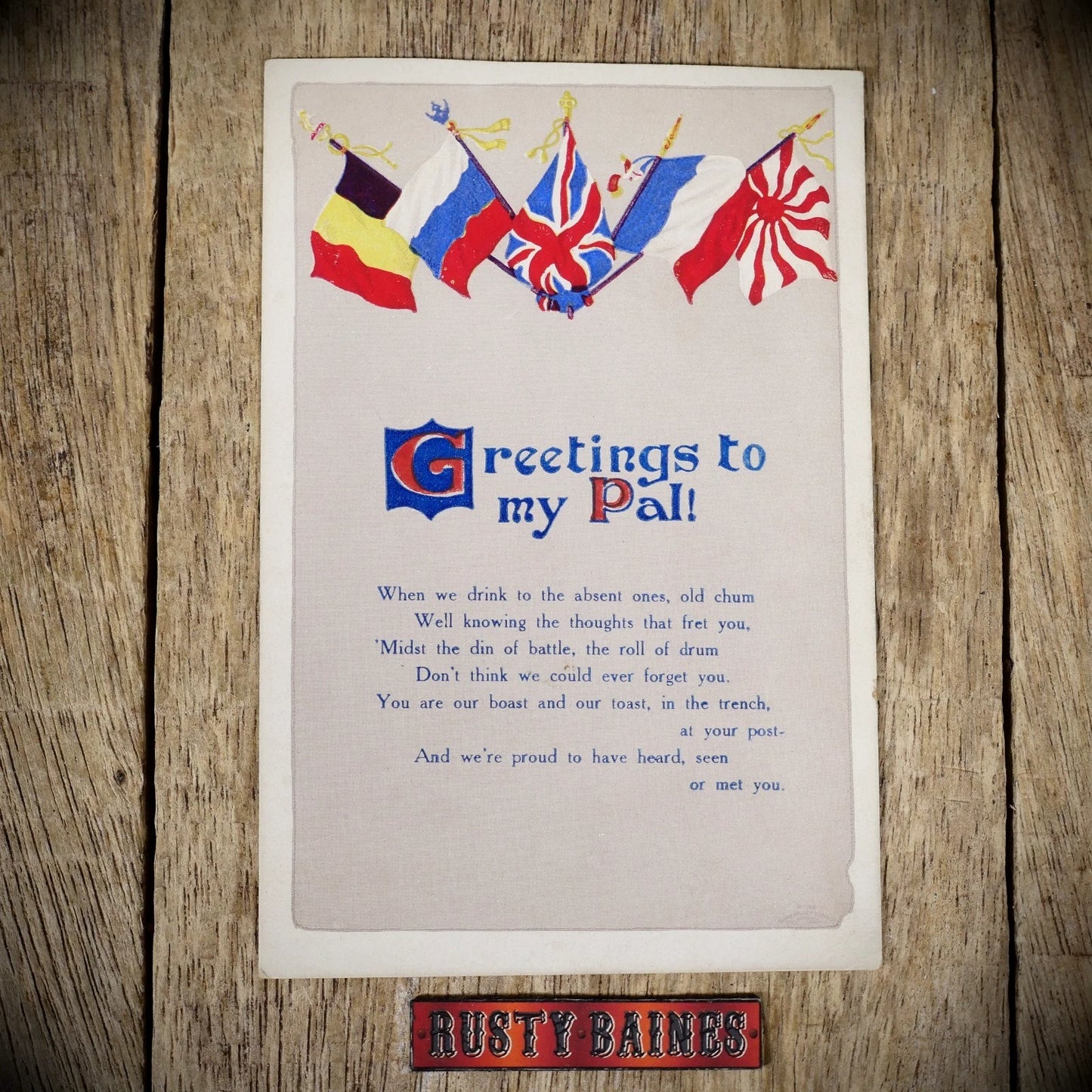 Postcard, Greetings Pal, WW1 Era Allied Flags, Patriotic, Printed