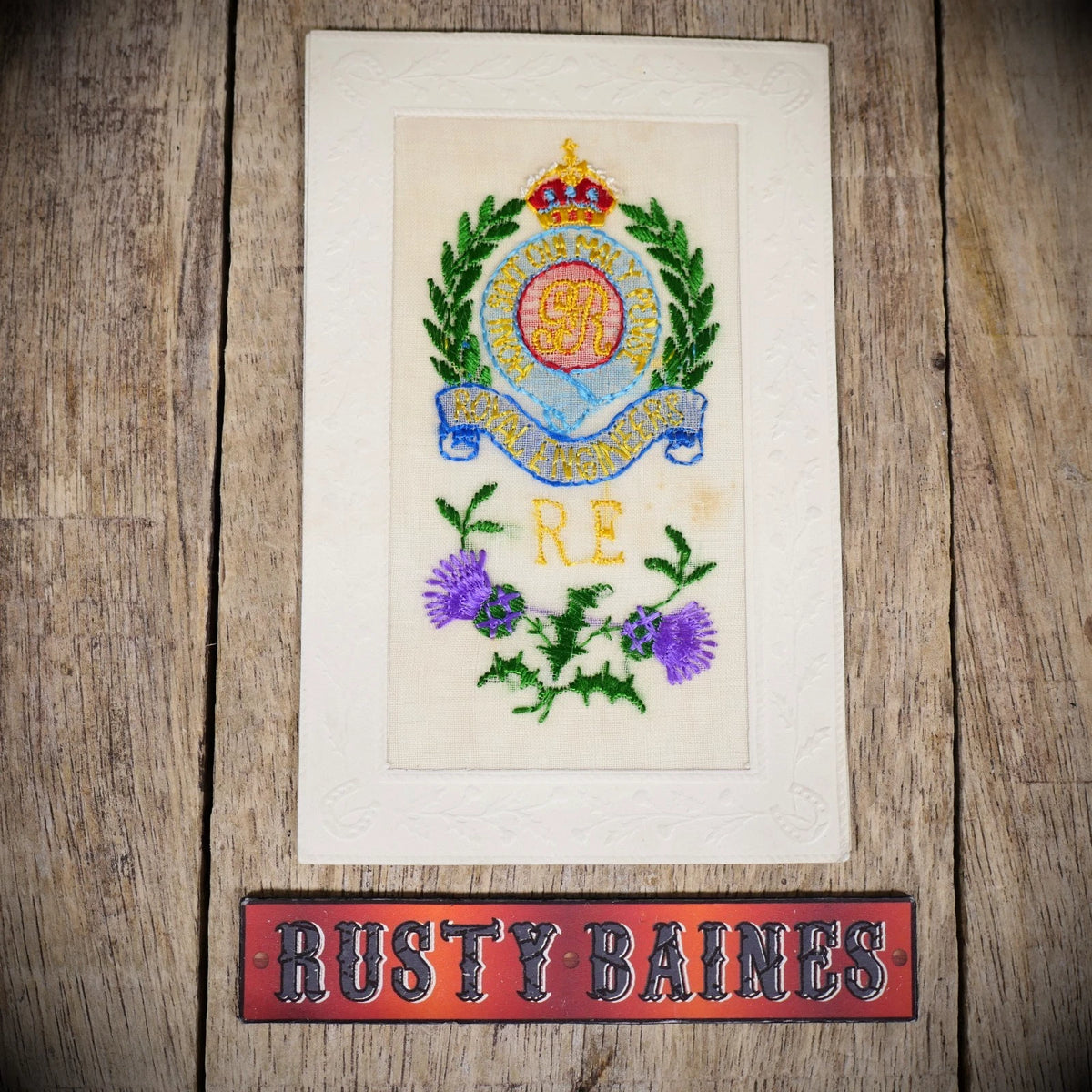 Postcard, WW1 Embroidered Silk, Royal Engineers Badge, Thistle
