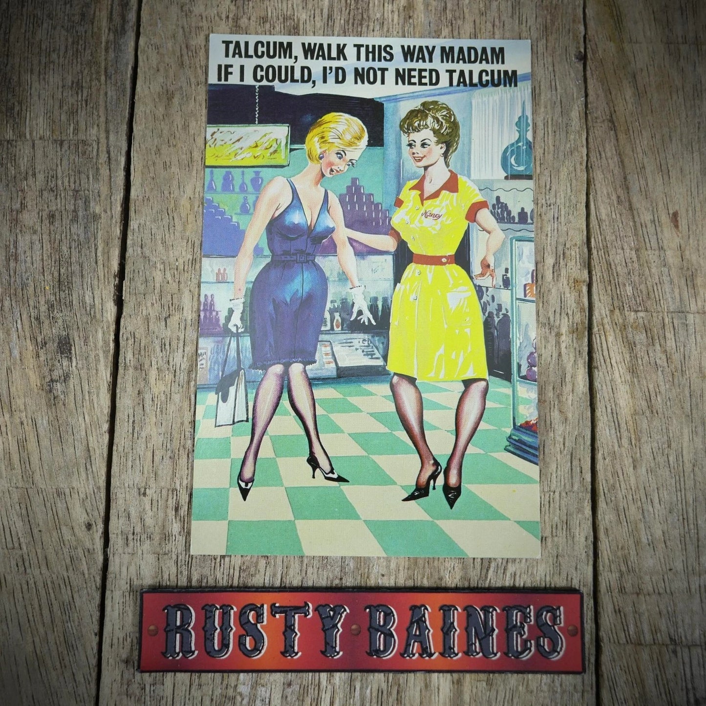 Postcard, Comic, Chemist Shop, 1960s Fashion Dress Glamour Girl