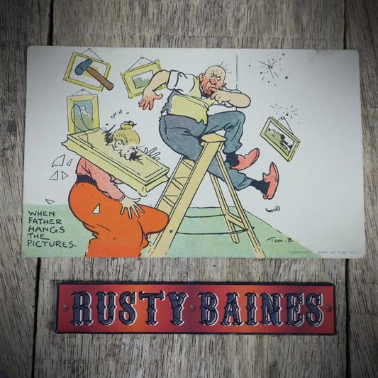 Postcard, Comic, Tom Browne, DIY, Father Hanging Picture Frames