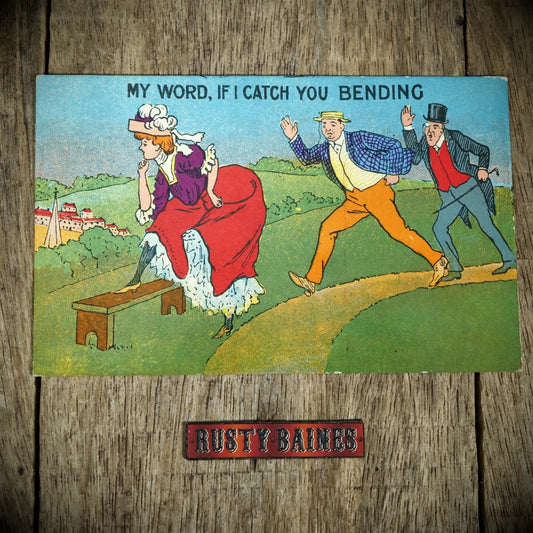 Postcard, Comic, If I Catch You Bending, Lady Flashing Stocking Ankles