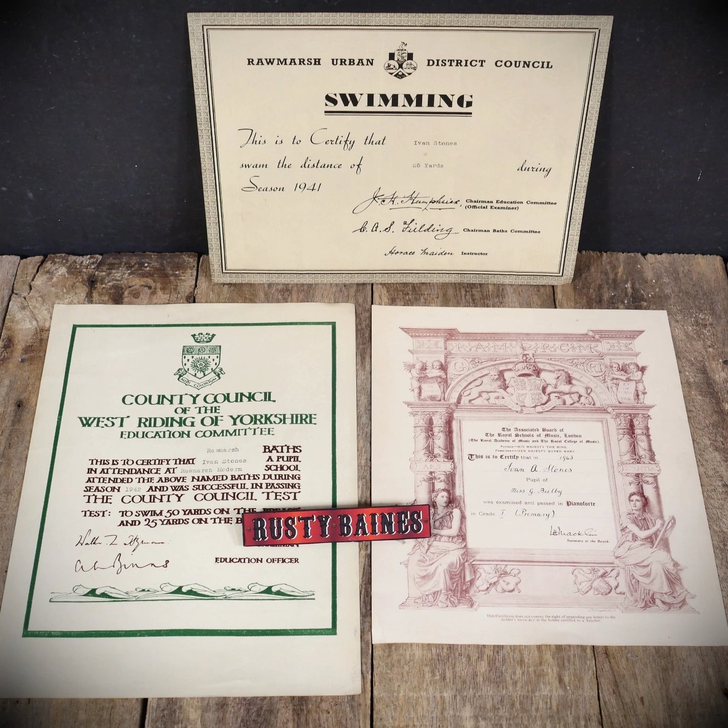 Vintage Ephemera, Certificates for a Mr Ivan Stones, Rawmarsh Rotherham