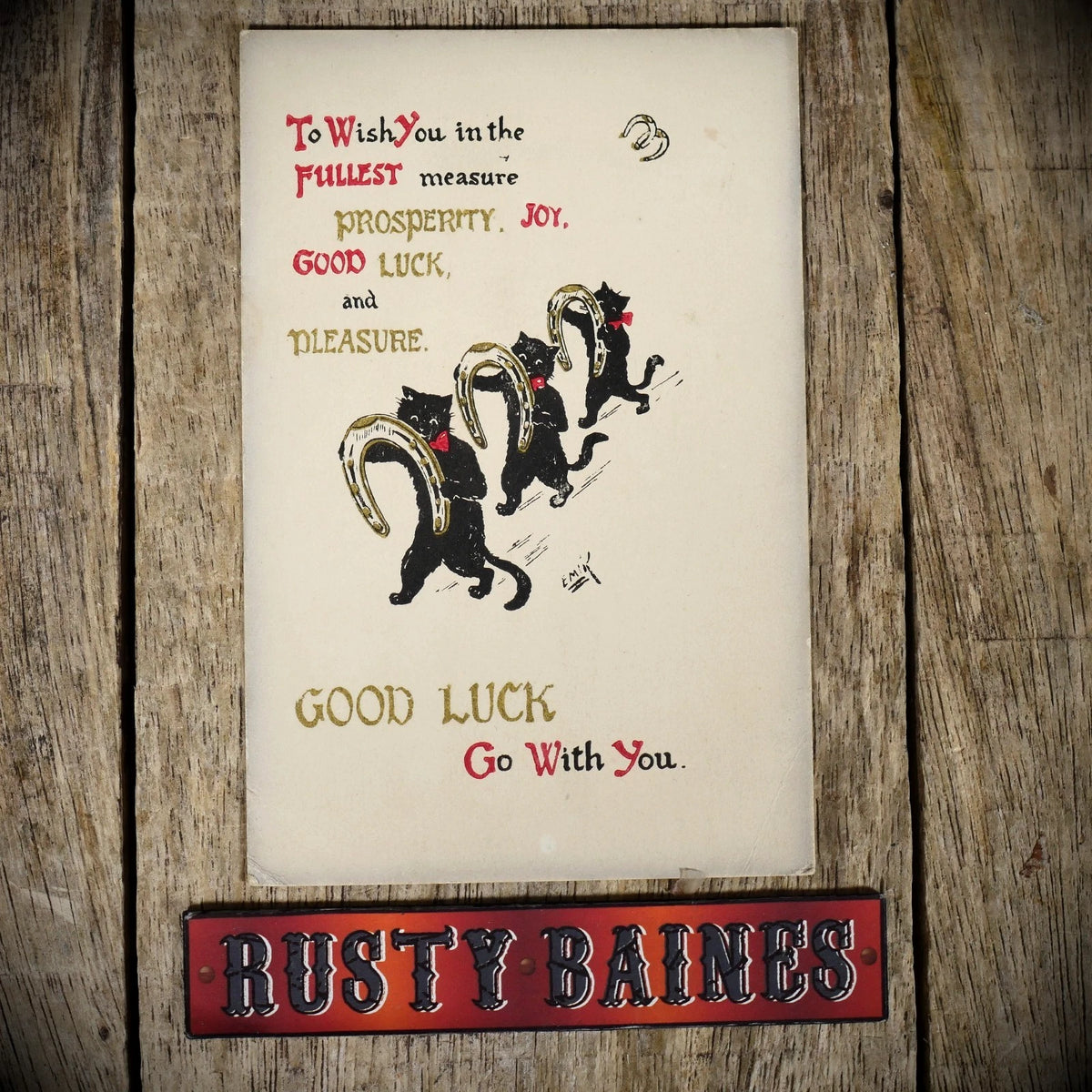 Postcard, Good Luck, Horseshoe Black Cats, Prosperity, Printed