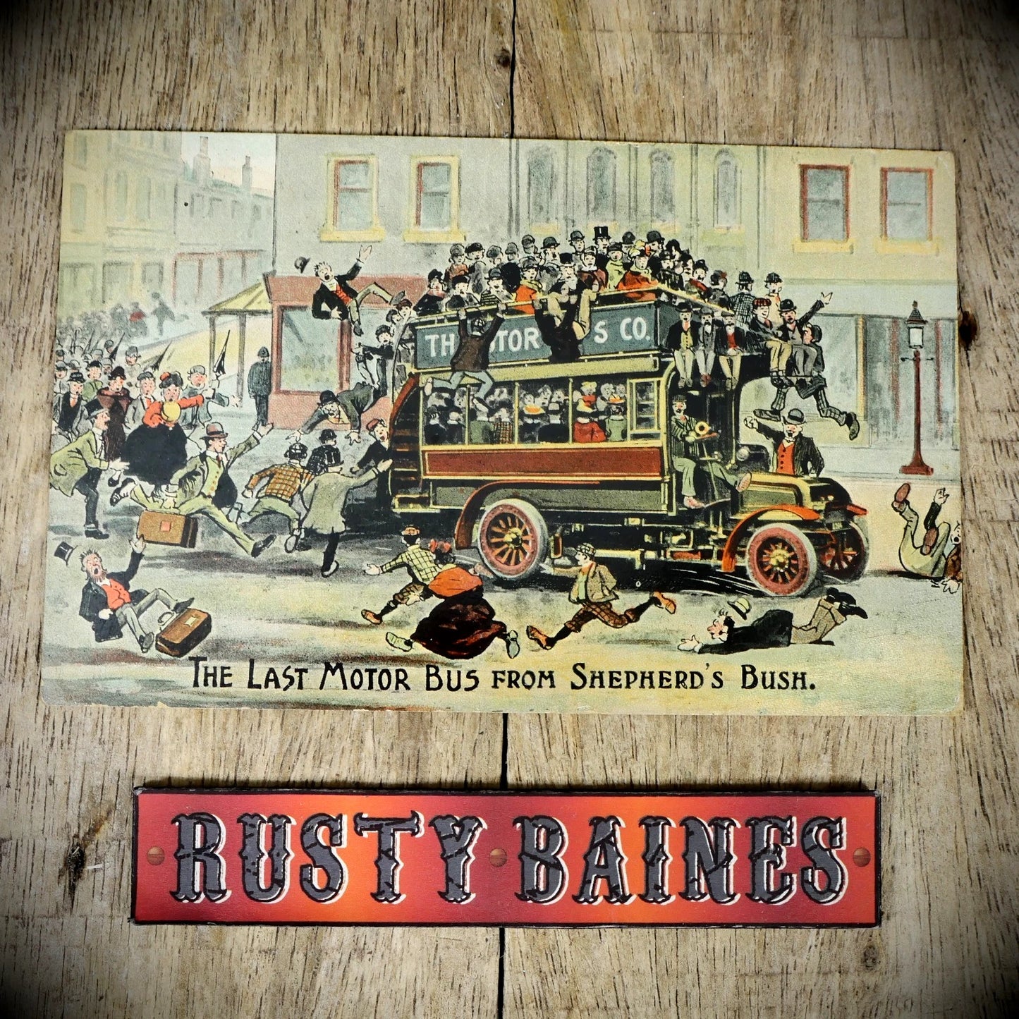 Postcard, Comic Last Motor Bus from Shepherd's Bush London Overcrowded