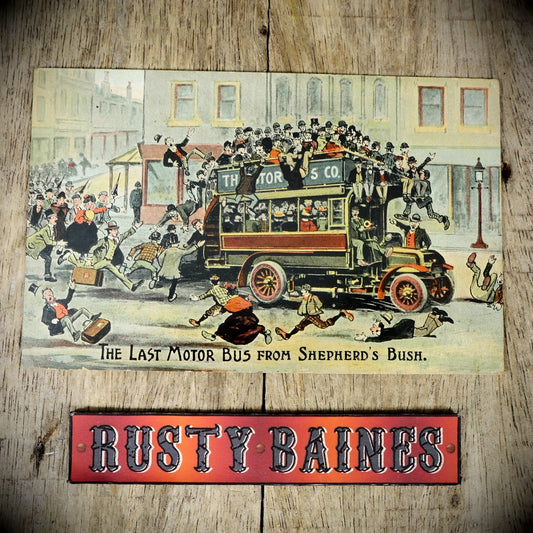 Postcard, Comic Last Motor Bus from Shepherd's Bush London Overcrowded