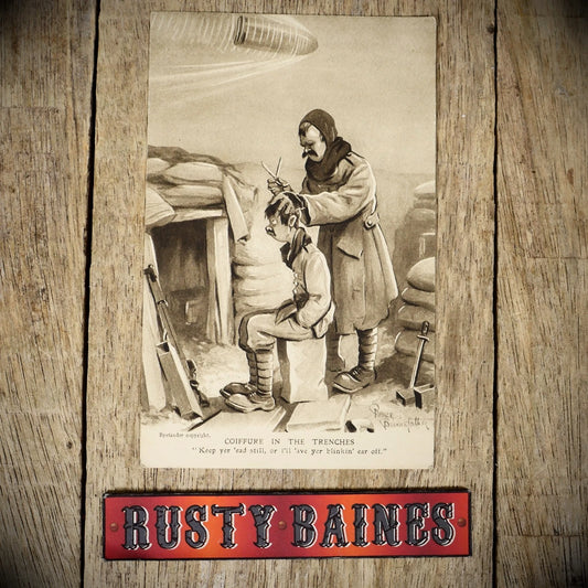 Postcard, WW1 Comic, Bruce Bairnsfather Barber Hairdresser in Trenches