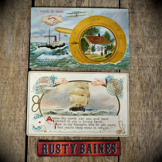 Postcards x2, Hands Across the Sea, Ship, Biplane,Airship, Travel