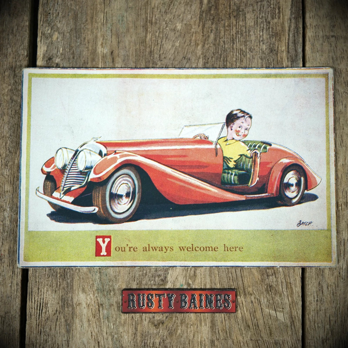 Postcard, Comic, Batch, Chap in Sports Car, Welcome Invitation