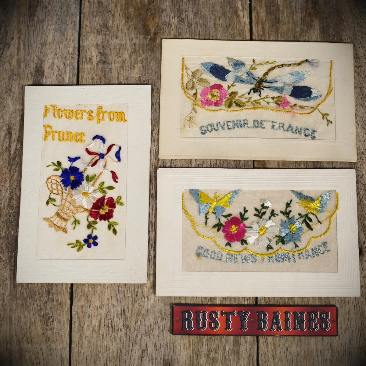 Postcard Bundle, WW1 Era Embroidered Silk, Butterfly/Dragonfly/France