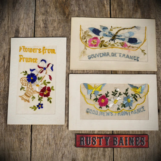 Postcard Bundle, WW1 Era Embroidered Silk, Butterfly/Dragonfly/France