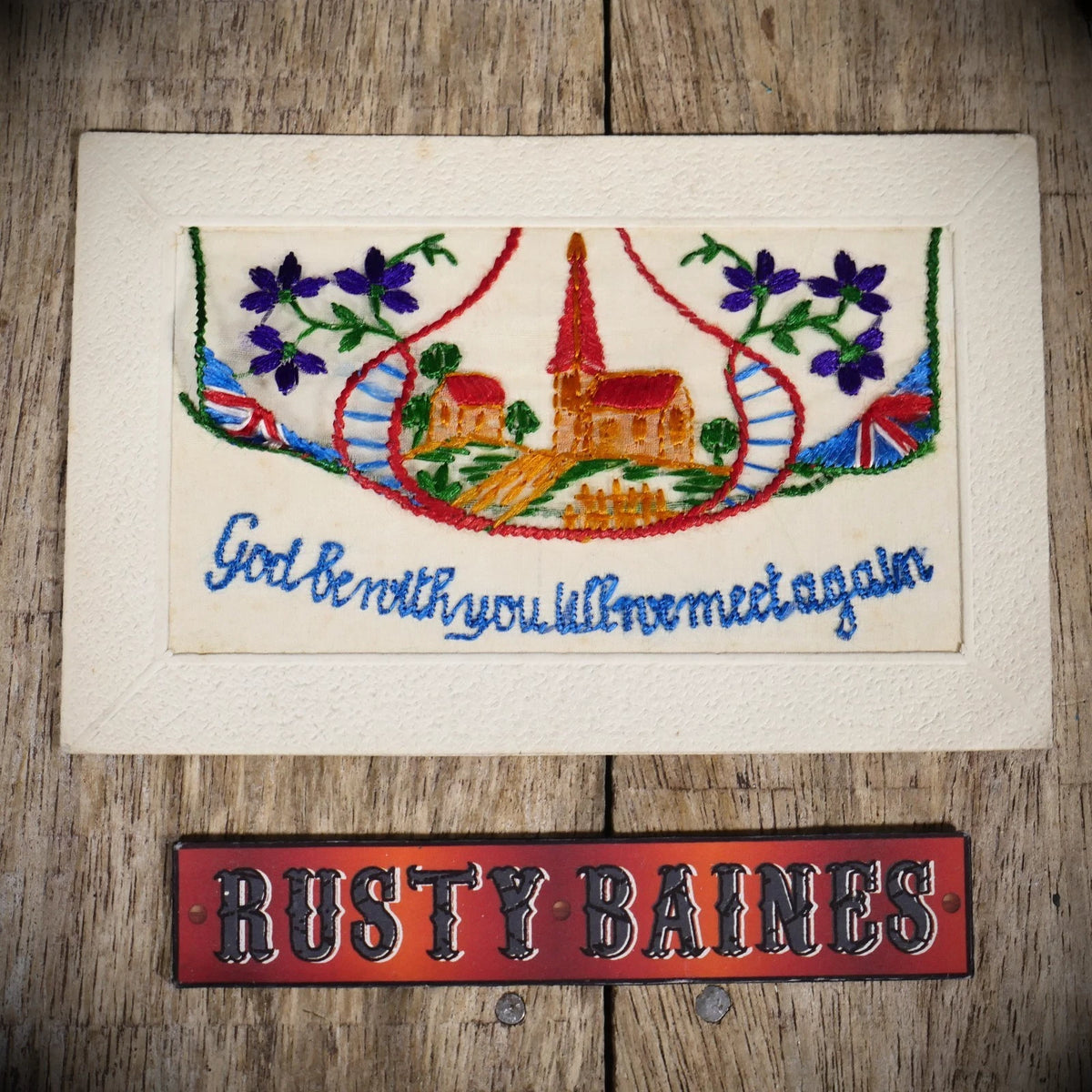 Postcard, WW1 Era Embroidered Silk, We Meet Again, Church, Flag