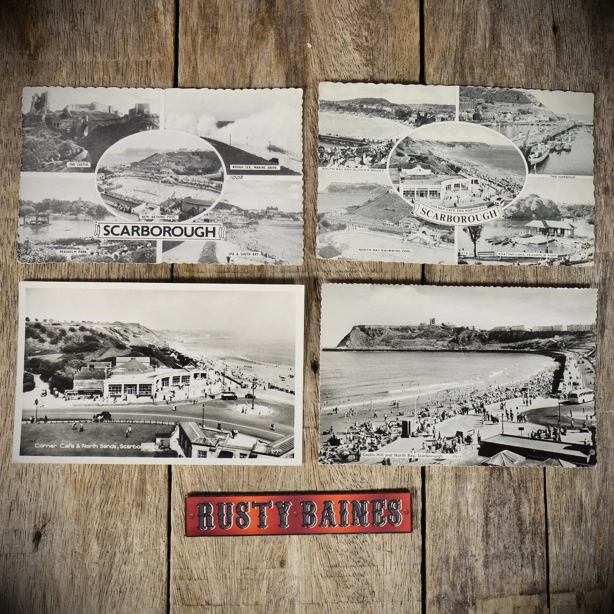 Postcards x4 Scarborough Multiview's, Beach, Corner Cafe Etc.