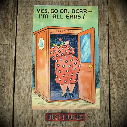 Postcard, Comic, Large Behind Woman in Public Telephone Box