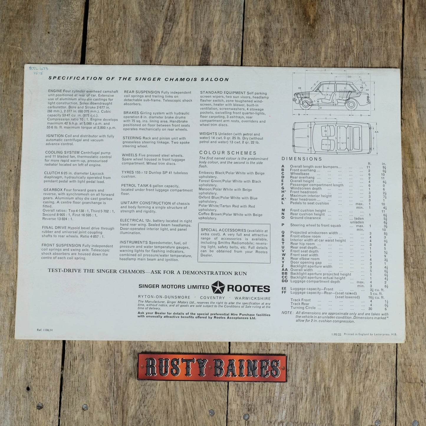 Original Car Brochure, Singer Chamois Mk2 #1186/H, Poster Style