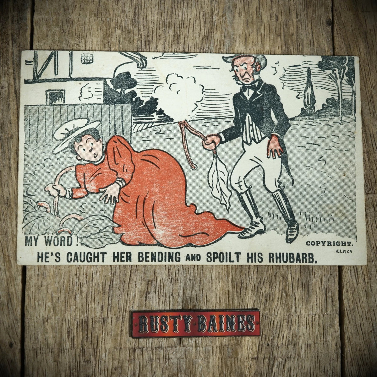 Postcard, Comic, Rhubarb Spanking, Woman Caught Bending, 1908