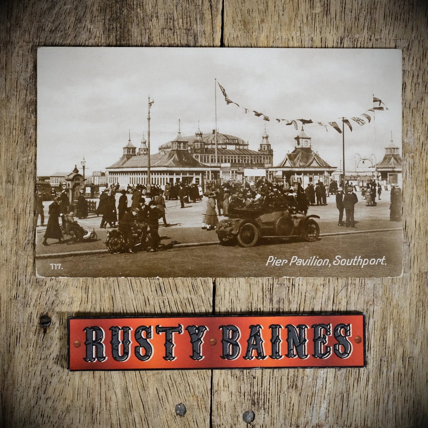 Postcard, Southport Pier Pavilion Vintage Car & Motorcycle Real Photo