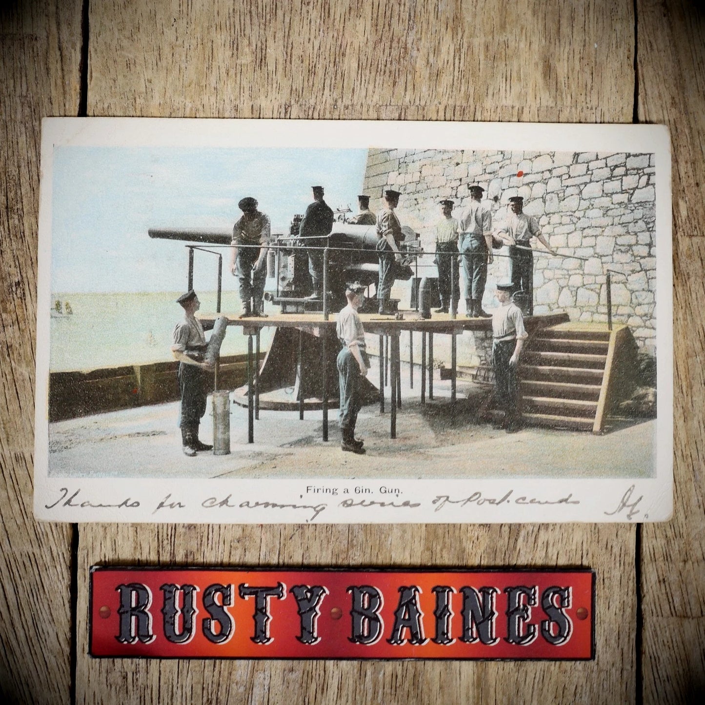 Postcard, Navy Sailors Firing a 6 Inch Gun 1905 Postmark, Printed
