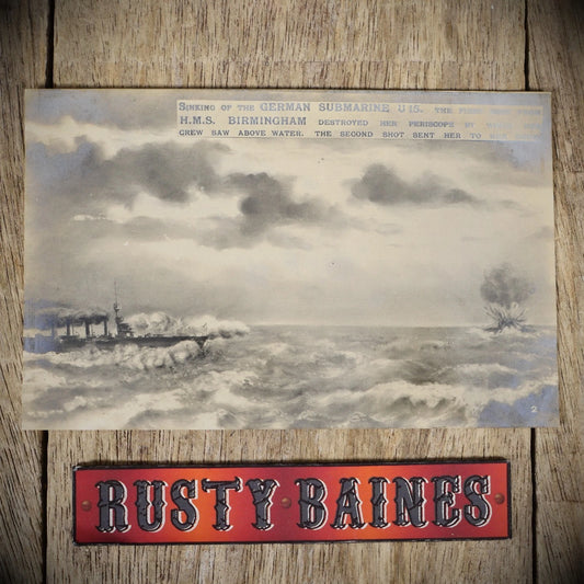 Postcard, WW1 U15 German Submarine Sinking, HMS Birmingham, Printed