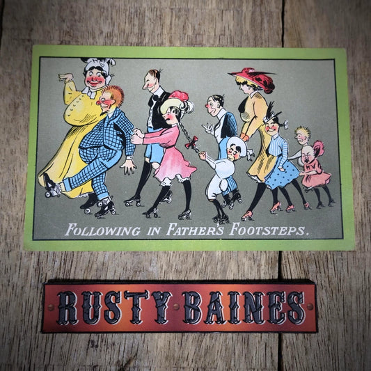 Postcard, Comic, Following in Father's Footsteps, Roller Skating Craze
