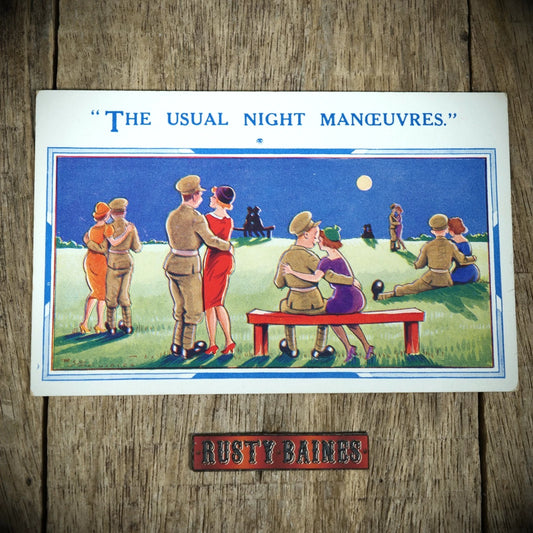Postcard, Comic, Night Manoeuvres, Soldiers & Pretty Girls Courting