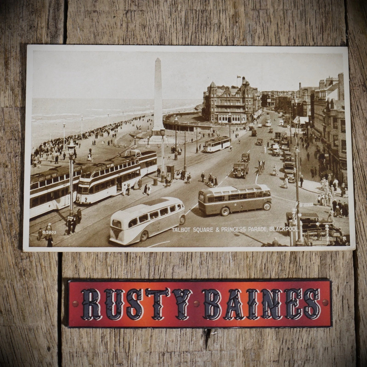 Postcard, Talbot Square and Princess Parade, Trams and vintage Buses, Blackpool