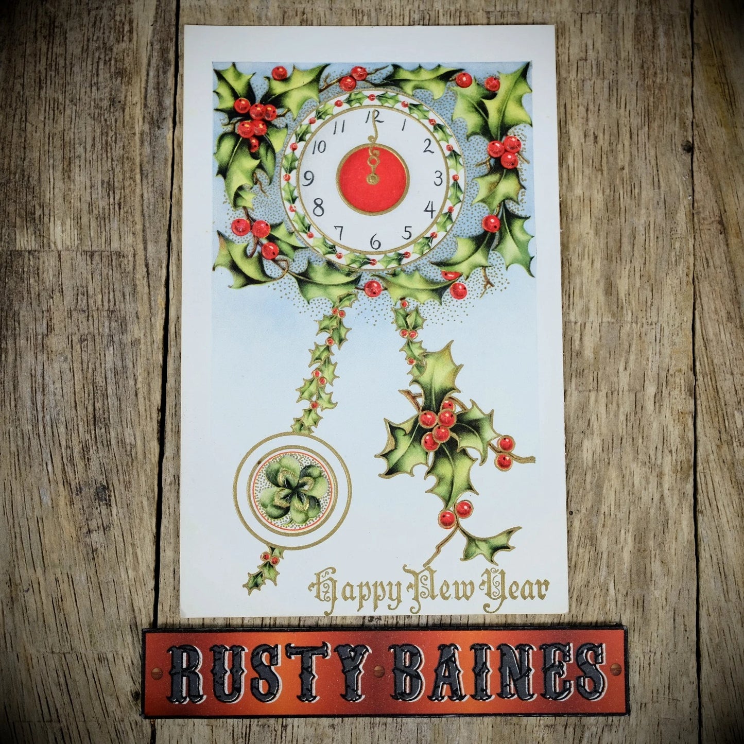 Postcard, Better Greetings, New Year, Holly Pendulum Clock, Printed