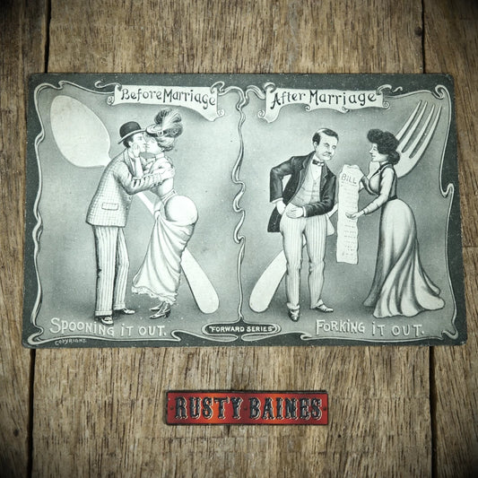 Postcard, Comic, Marriage Before and After Cutlery, Spooning