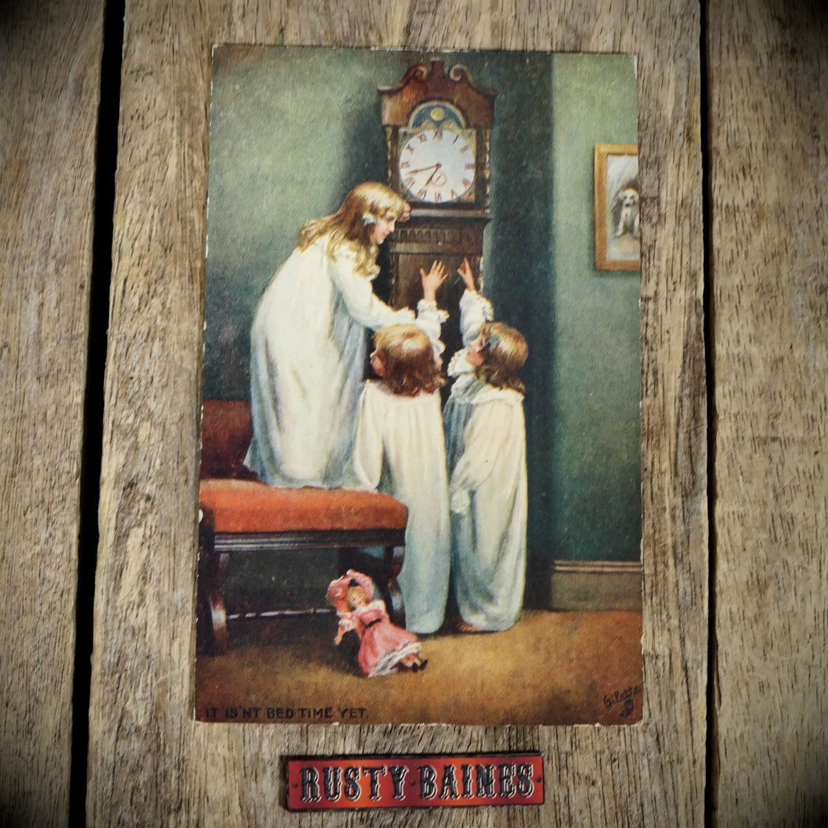 Postcard, Children's Bedtime, Grandfather Clock, Toy Doll, Tuck Oilette