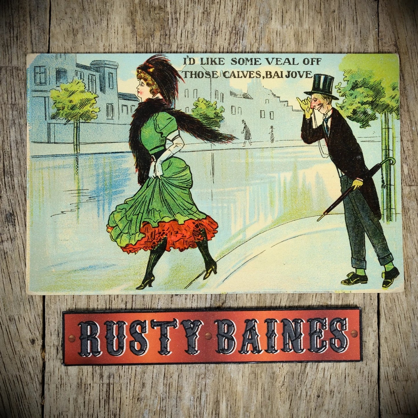 Postcard, Comic, Man Admiring Stockings Leg Veal Calves Lady, Printed