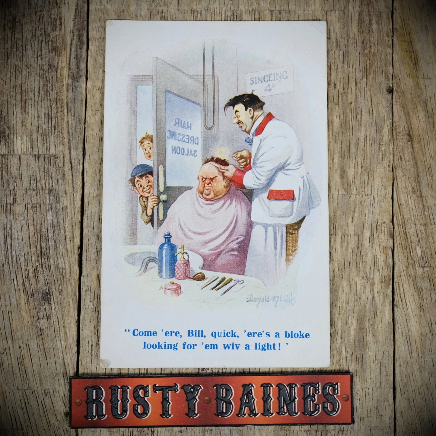 Postcard, Comic, Donald McGill, Barber Hair Dresser Singeing, Printed