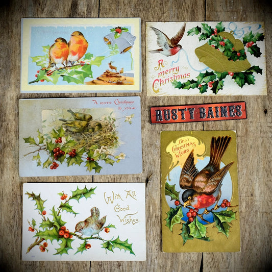 Bundle of Antique Postcards, Christmas/Bird Greetings Chromo-Litho