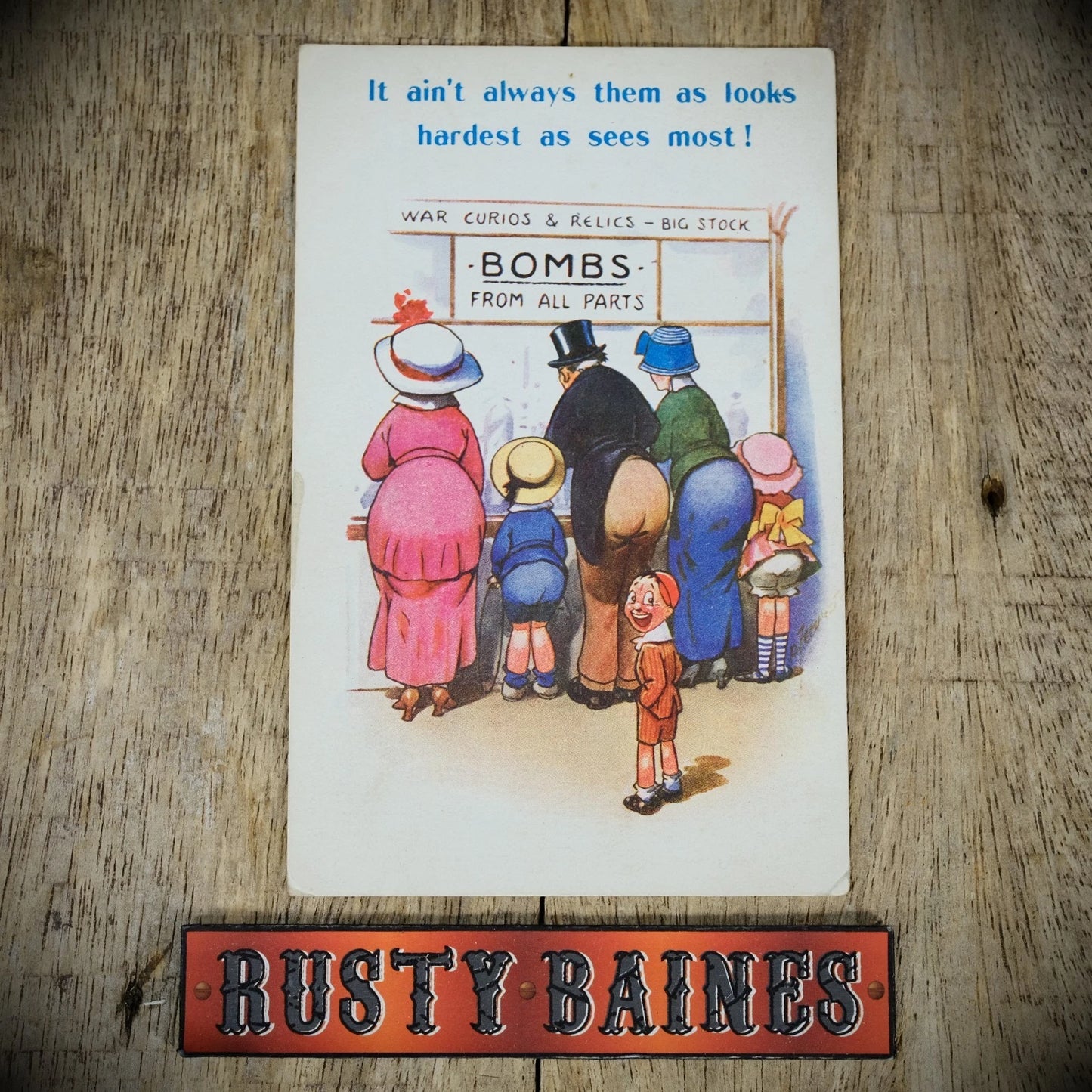 Vintage Comic Postcard, Bamforth #378, Militaria Dealer Stall Bombs