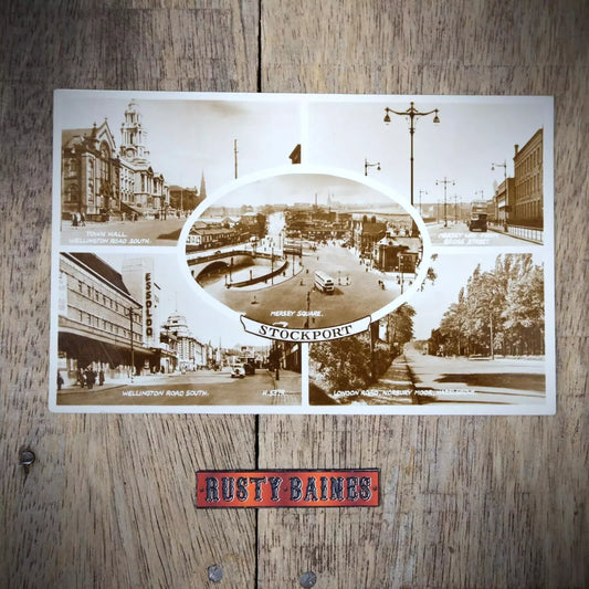 Vintage Postcard, Stockport Multiview Real Photo, Mersey Square