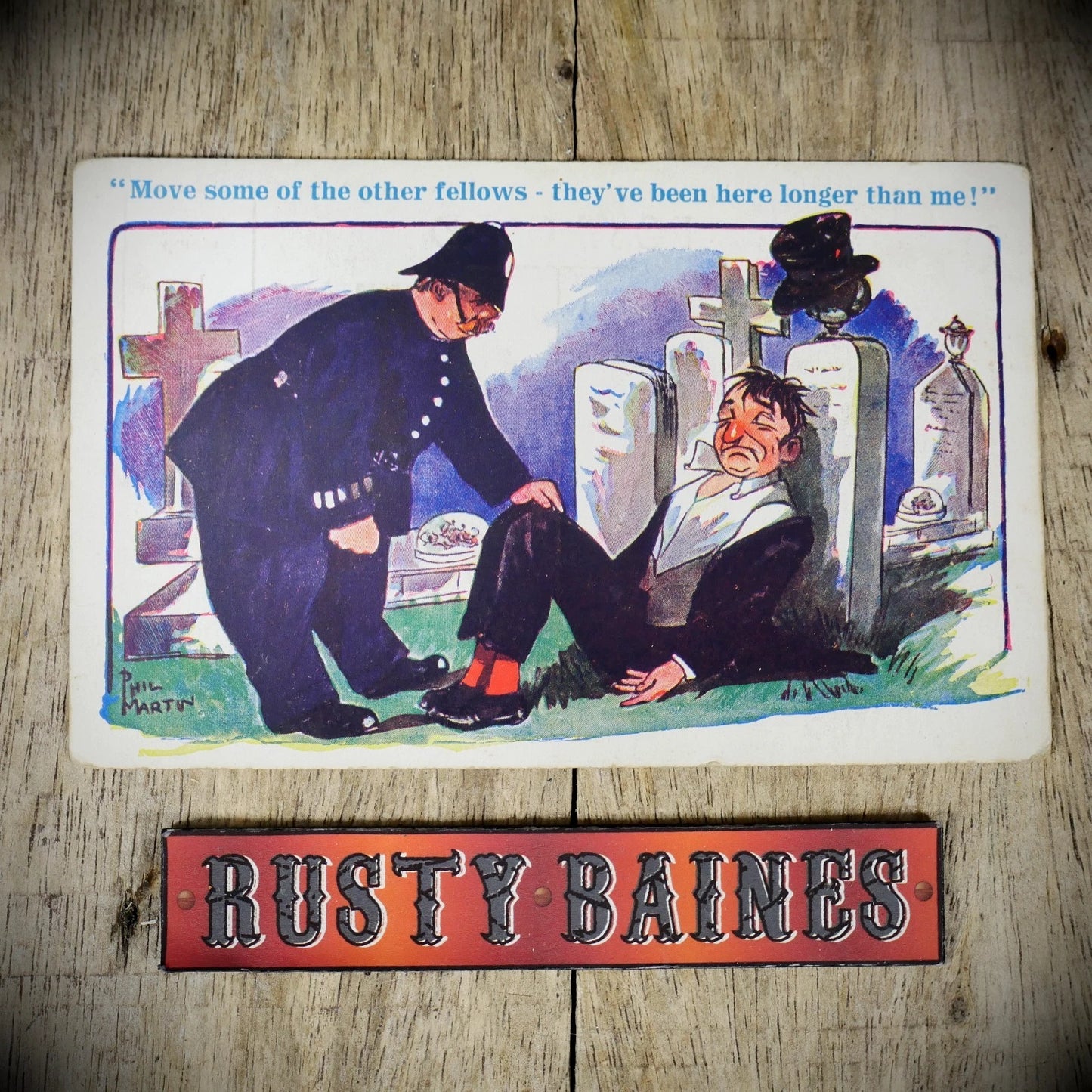 Postcard, Inter Art Phil Martin, Poilceman, Graveyard, Drunk Man