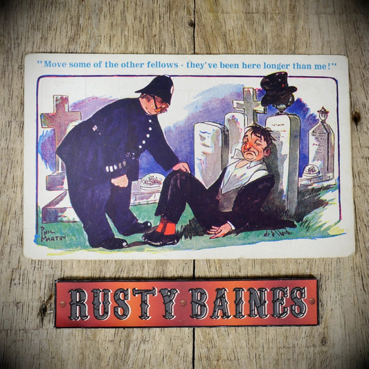 Postcard, Inter Art Phil Martin, Poilceman, Graveyard, Drunk Man