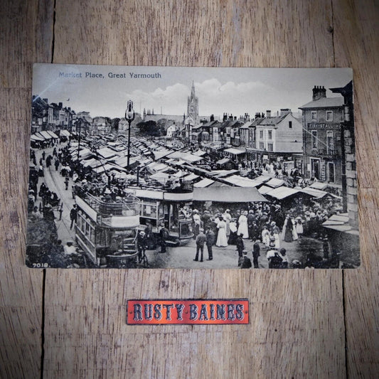 Postcard, Great Yarmouth, Market Place, Trams, Traders, Printed