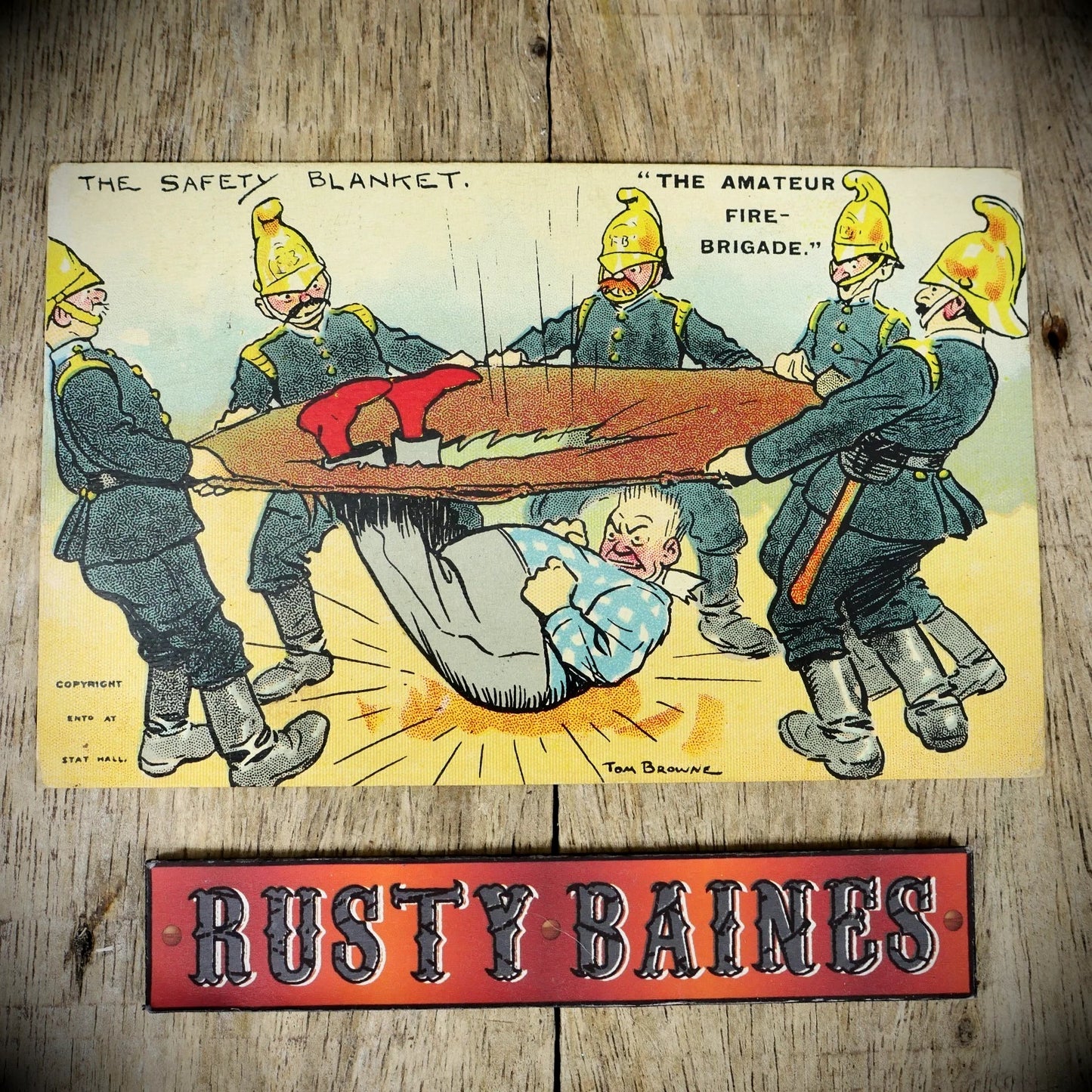 Postcard, Comic, Tom Browne, Amateur Fire Brigade Safety Blanket