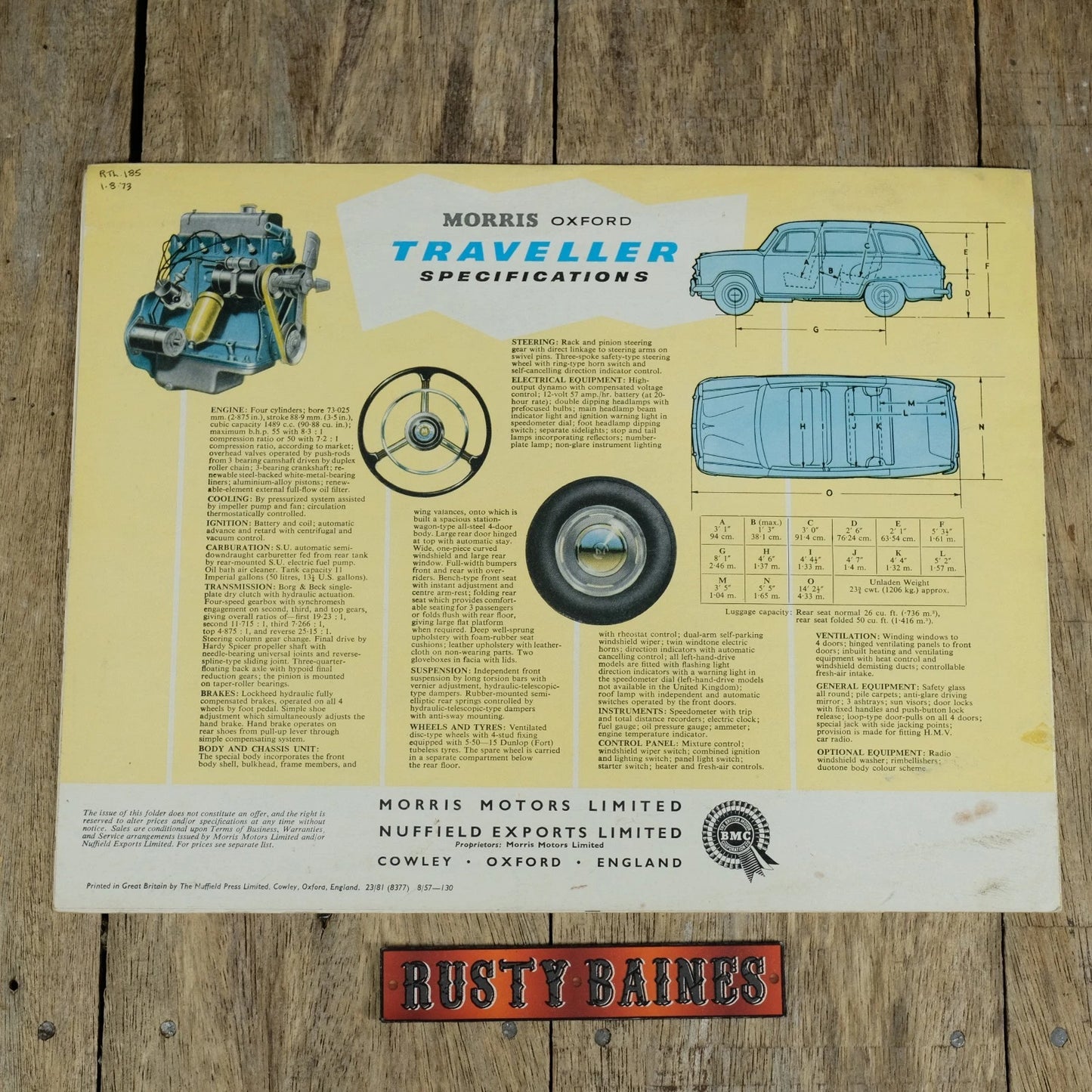 Original Car Brochure, Morris Oxford Traveller Series IV, Poster Style, 1957