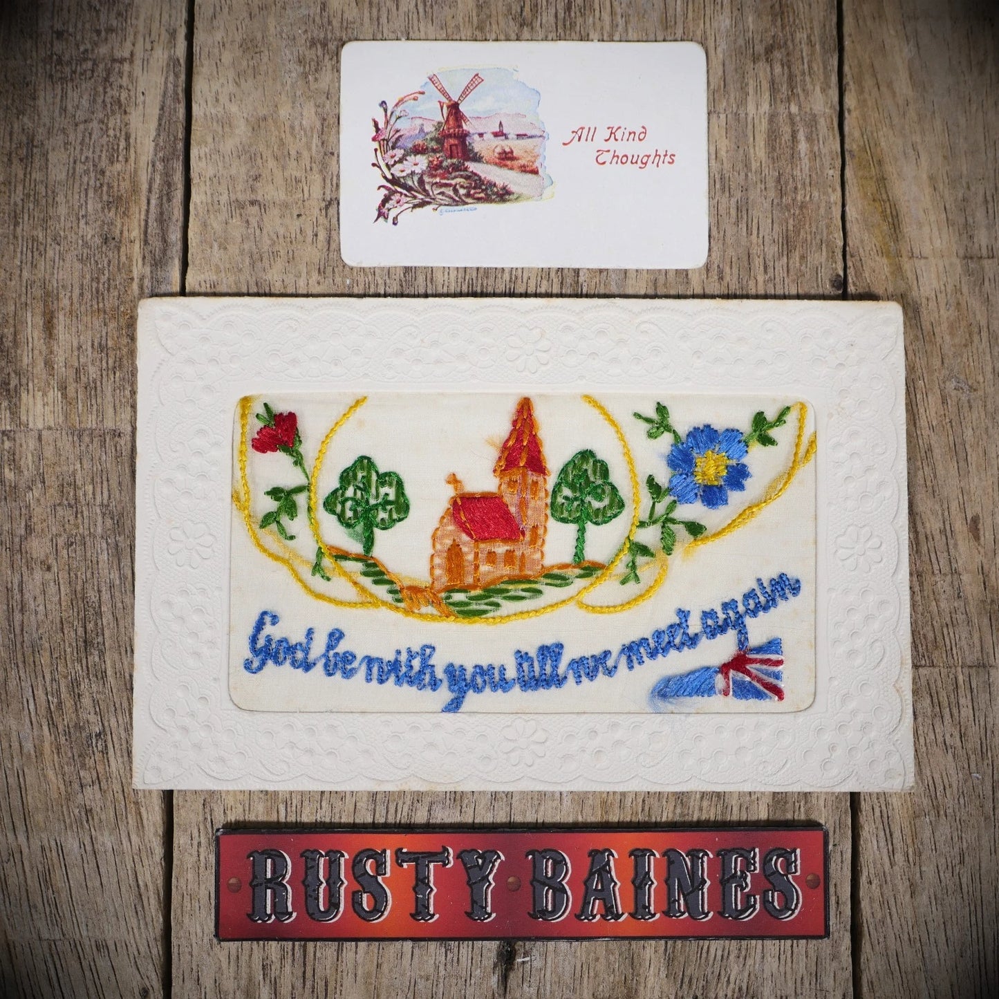 Postcard, WW1 Embroidered Silk, Church, Flag, God be with You