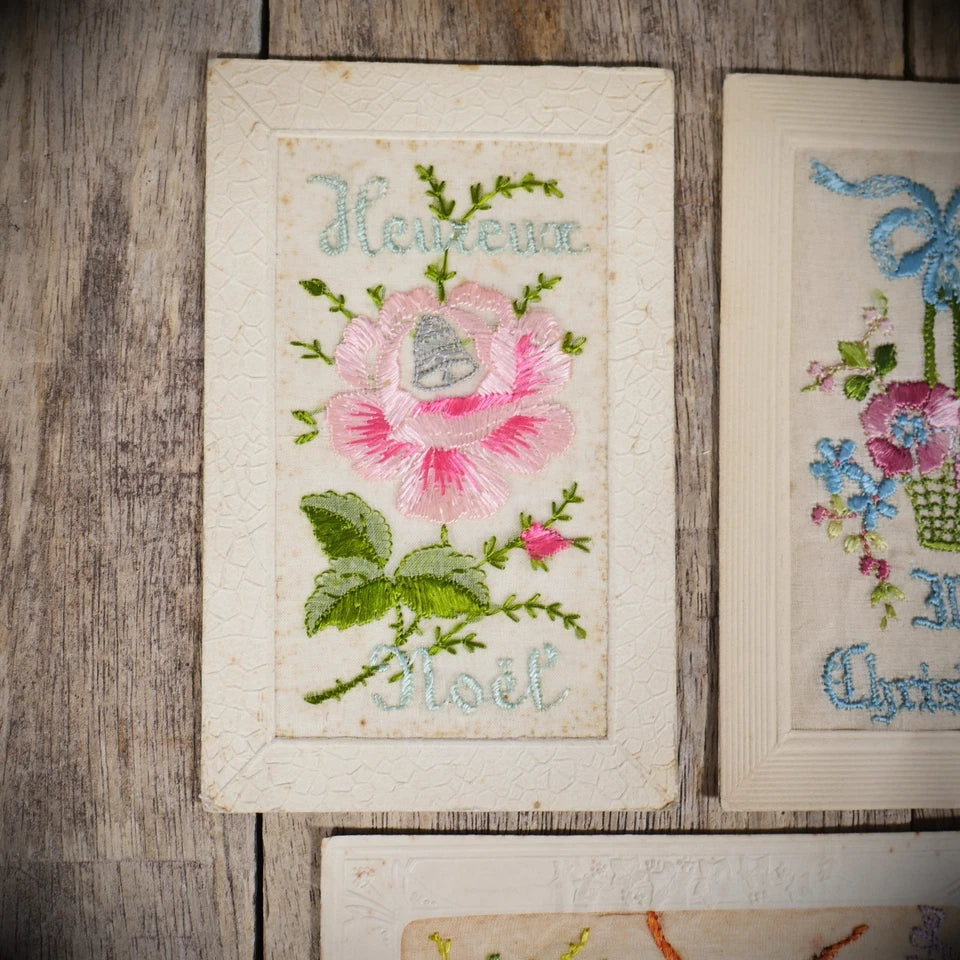 Postcard Bundle, WW1 Embroidered Silk, Floral, Birds, Christmas