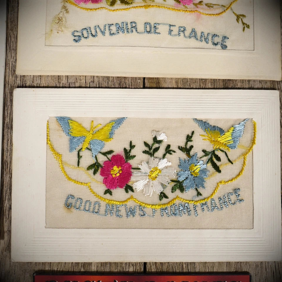 Postcard Bundle, WW1 Era Embroidered Silk, Butterfly/Dragonfly/France