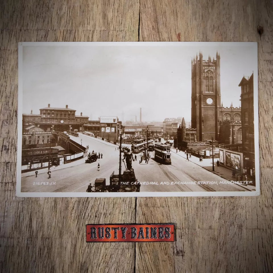 Antique Postcard, Manchester Cathedral & Exchange Station, Real Photo