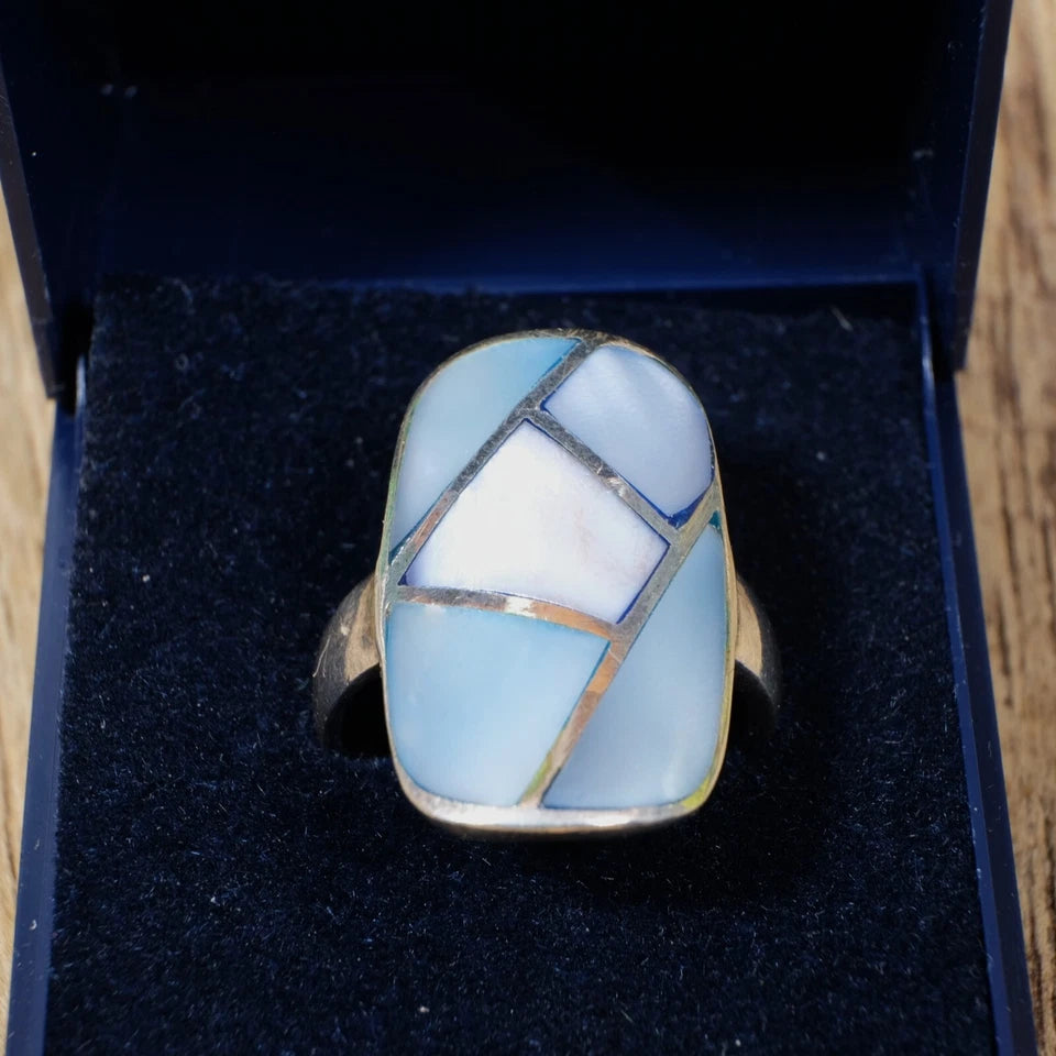 Solid Silver Ring with Inlaid Blue Mother of Pearl? Size O