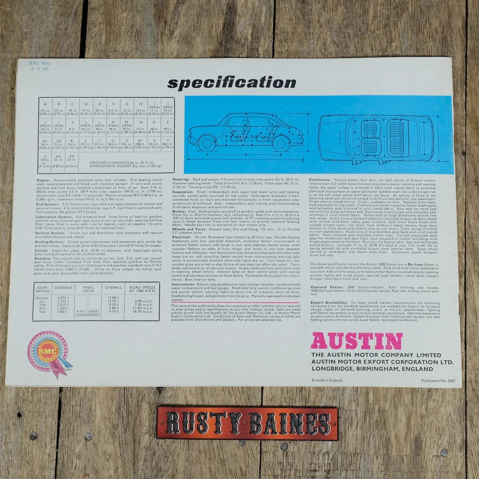 Original Car Brochure, Austin 1800 Pininfarina #2267