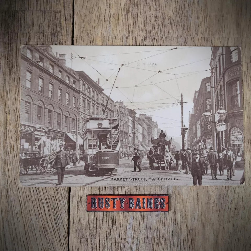 Postcard, Manchester, Market Street, Tram, Policeman, Early 1900s