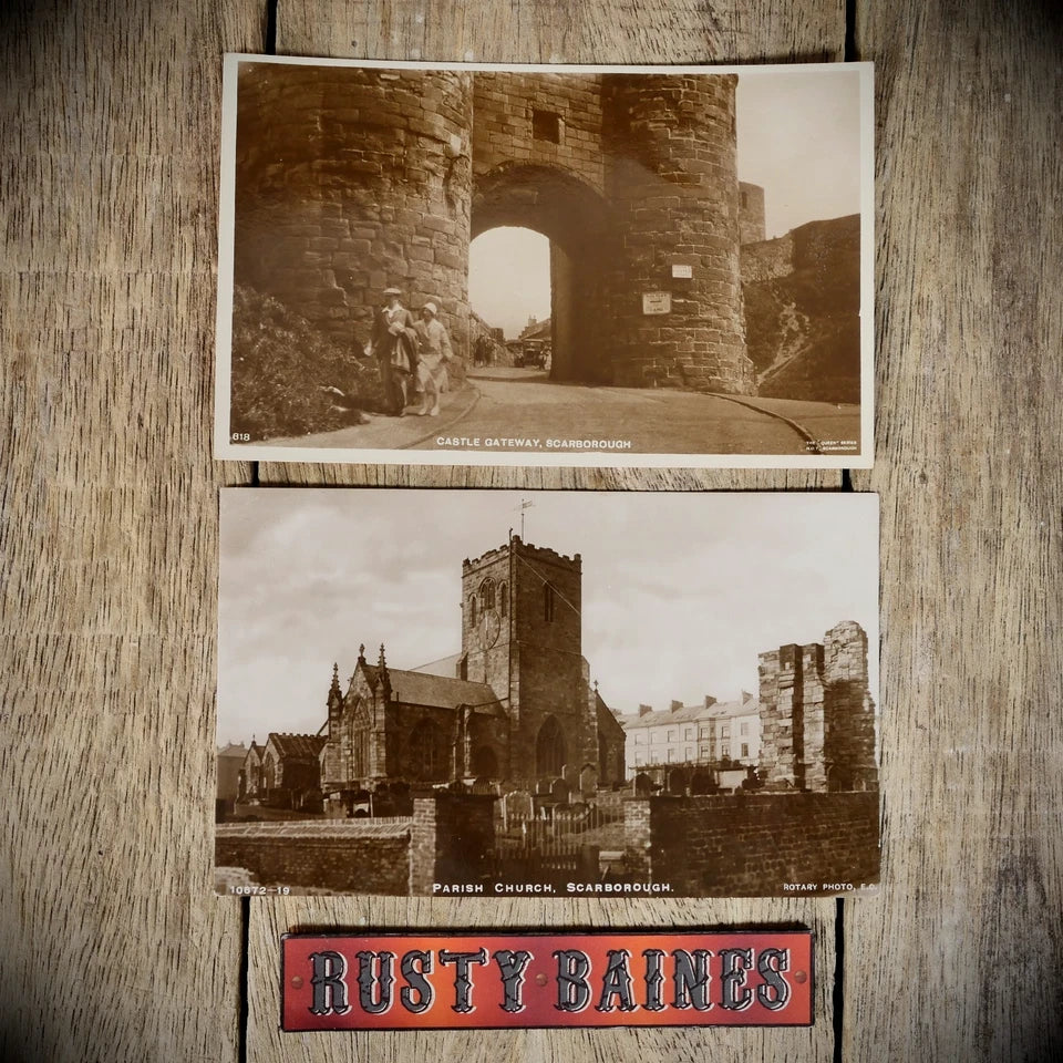 Postcards x2 Scarborough Real Photo, Parish Church & Castle Gateway