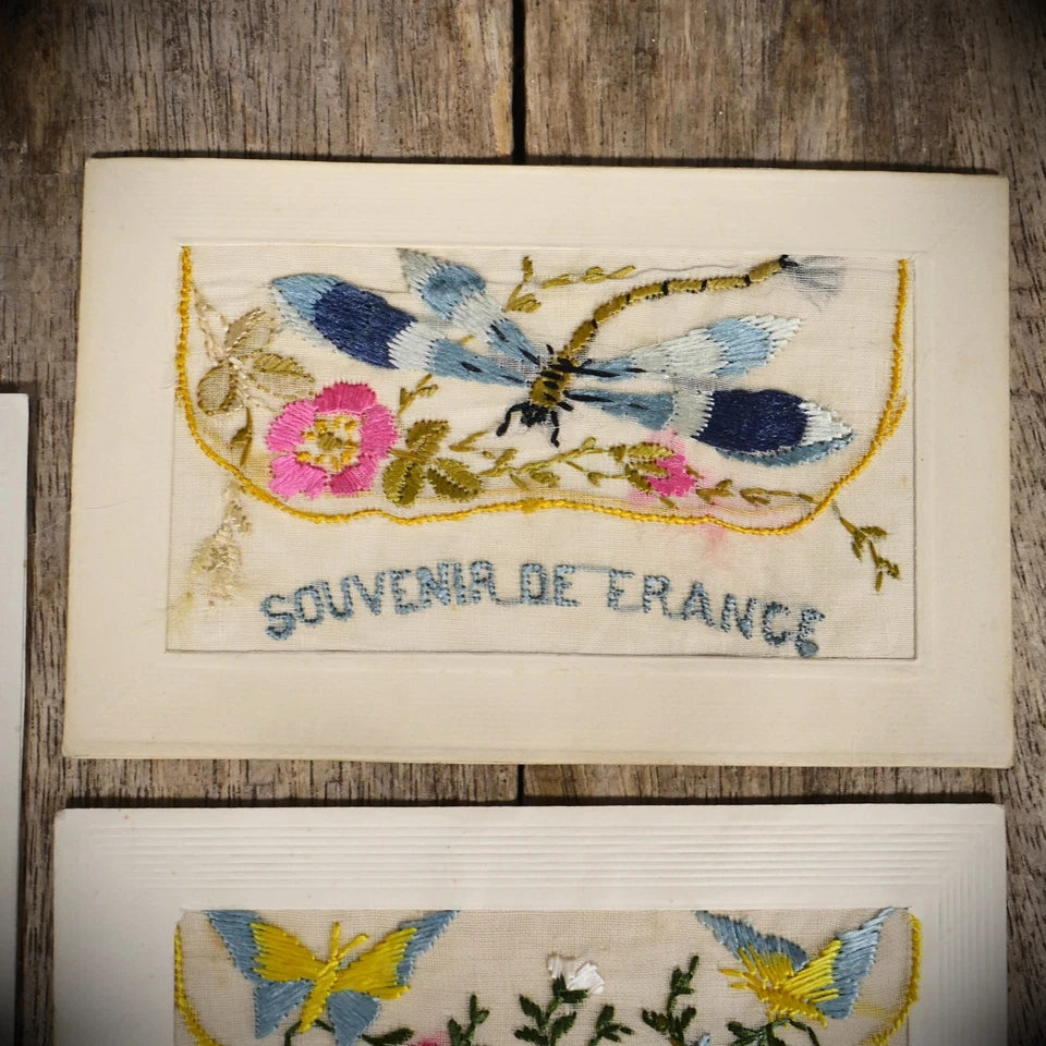 Postcard Bundle, WW1 Era Embroidered Silk, Butterfly/Dragonfly/France