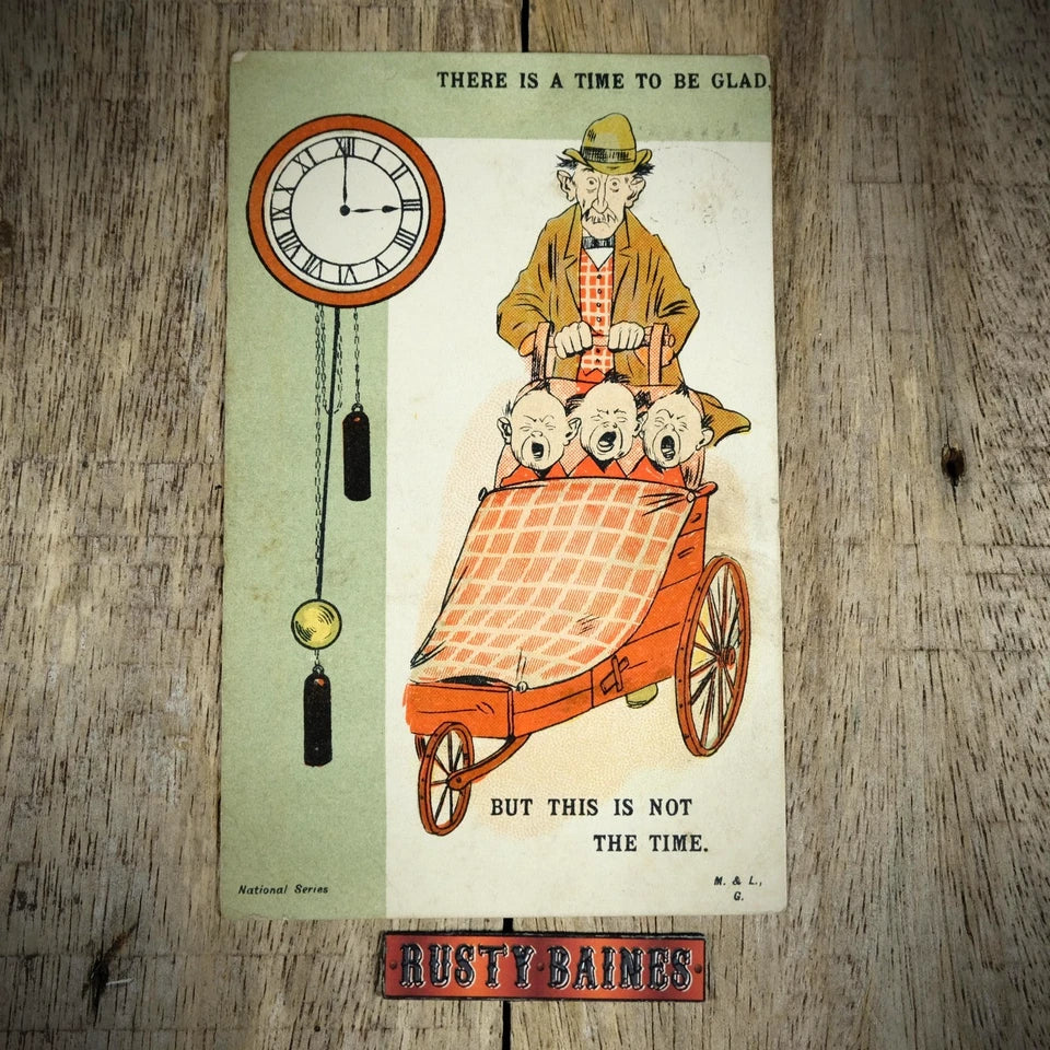 Postcard, Comic/Humour, Unhappy Triplets Man Dad Pram, Clock Face