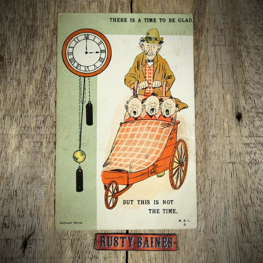 Postcard, Comic/Humour, Unhappy Triplets Man Dad Pram, Clock Face