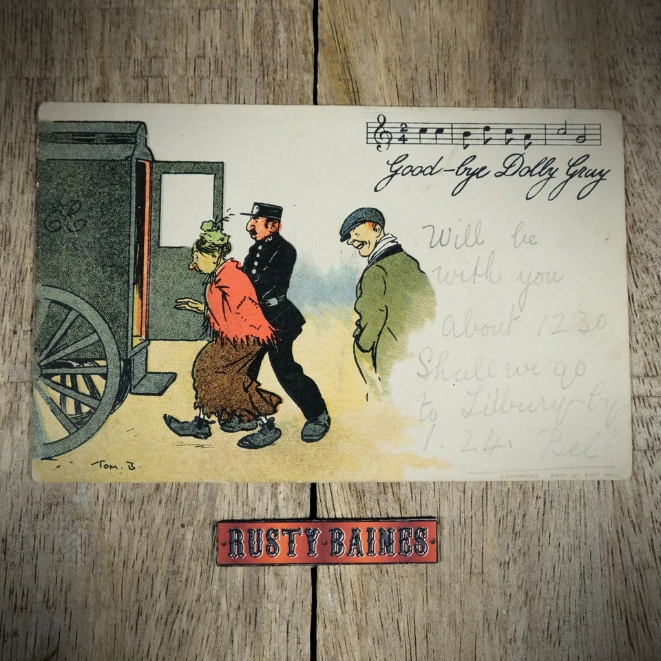 Postcard, Original Tom Browne, Goodbye Dolly, Black Maria Arrest Police